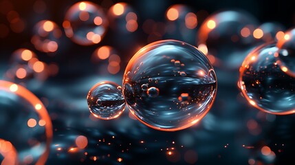 Abstract Spheres Floating in Dark Space with Glowing Orbs