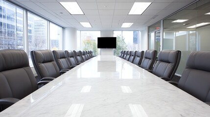 A long conference table with sleek leather chairs dominates a modern, brightly lit office space, suggesting a formal and professional environment prepared for important discussions.