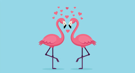 Romantic Flamingo Couple with Floating Hearts.