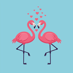 Romantic Pink Flamingo Couple with Floating Hearts Illustration.