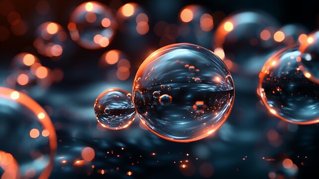 Abstract Spheres Floating in Dark Space with Glowing Orbs - Powered by Adobe