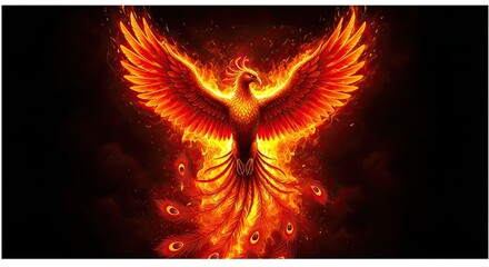Fiery Bird Rising with Orange Wings and Feathers Against Dark Background