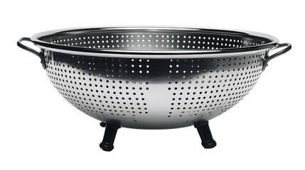 Modern stainless steel colander with elegant black accents on transparent background