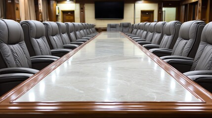 A long conference table with dark leather chairs dominates the room, suggesting a formal and important meeting space, conveying a sense of power and decision-making.