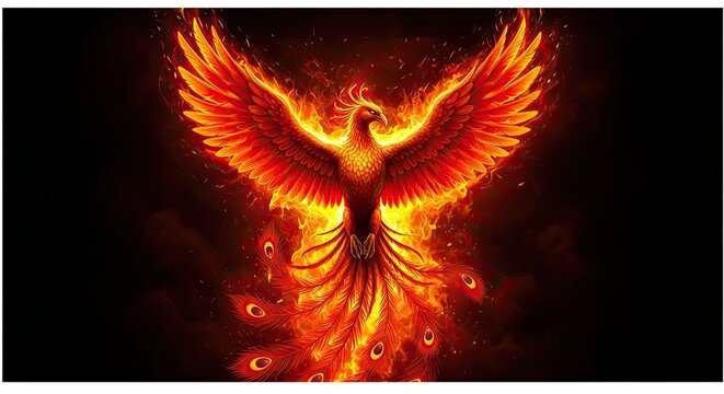 Fiery Bird Rising with Orange Wings and Feathers Against Dark Background - Powered by Adobe