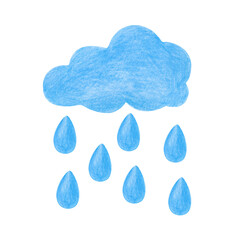 Pencil drawing of a blue rain cloud with falling raindrops. The illustration is isolated on a white background. A painted image of light sadness. Cry. Clipart.
