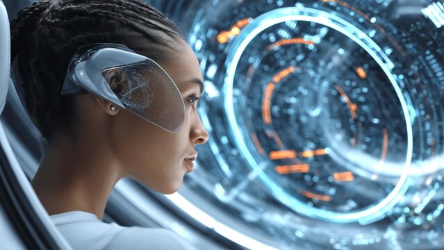 Black female astronaut wearing advanced visor, controlling spaceship interior with digital holographic interface, monitoring cosmic navigation during deep space mission