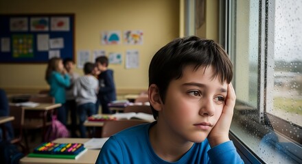 Sad Boy Gazing Out Window in Classroom During Rainy Day, Isolation