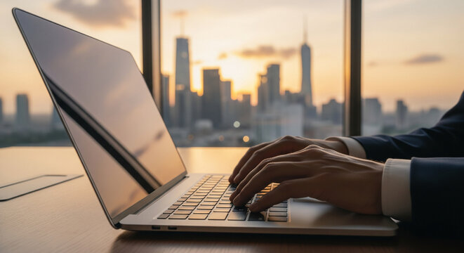 Working Sunset: A person works on laptop, typing as a beautiful sunset and city skyline glow through the window, creating a serene ambiance for productivity and reflection.