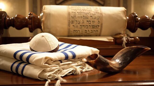 On a wooden table are religious symbols of Judaism a torah scroll, a prayer shawl with a kippah on top, and a shofar prepared for worship
