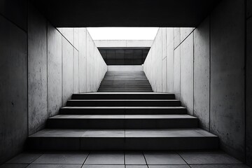 Steep Brutalist stairs leading to a minimalist concrete courtyard, framed by stark walls 