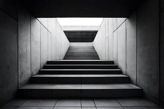 Steep Brutalist stairs leading to a minimalist concrete courtyard, framed by stark walls 