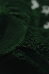 Spirulina powder close up, green superfood, organic healthy supplement