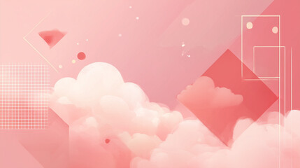 Dreamscape of Abstract Clouds and Shapes: A captivating digital artwork of a dreamy composition of fluffy clouds and geometric shapes dancing in a pastel pink atmosphere.