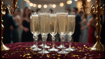 Champagne glasses on table with party background