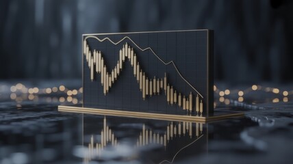 Financial Analytics Visualization: A sophisticated representation of market trends, with gold-colored data lines illustrating financial fluctuations against a dark, textured background.