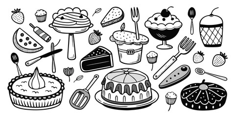 Delicious hand-drawn desserts and baking essentials collection for culinary inspiration