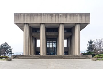 Surreal Brutalist architecture featuring sharp angles, narrow windows, and towering concrete forms 