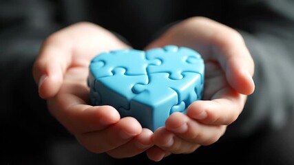 Young child delicately holds a heart shaped jigsaw puzzle in blue. Symbolizing love, compassion, supporting organ donation, and raising awareness for autism