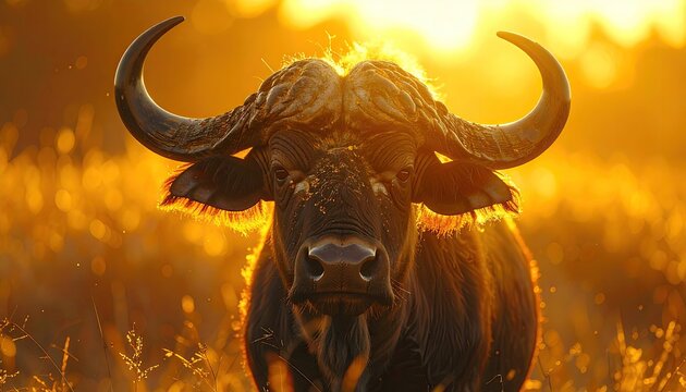 Close Up of Water Buffalo Head On In Golden Sunlight in A Field At Sunrise