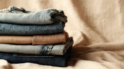Long jeans folded into a rectangle stack, placed against a soft beige fabric backdrop, minimal fashion display