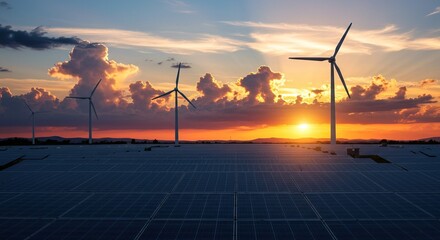 Obraz premium Silhouettes of wind turbines and a vast solar farm generating sustainable power under a beautiful sunset sky