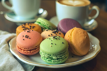 Multicolored French macarons in a plate on a table in a cafe, next to a cup of cappuccino with a pattern.