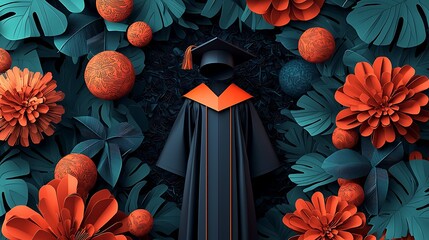 Graduation gown and cap surrounded by paper cut style tropical leaves and abstract spheres