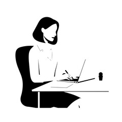 Black and white line art of a beautiful successful career woman working at desk with laptop illustration
