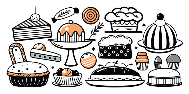Collection of hand-drawn baking essentials pastries cakes and muffins artistic style