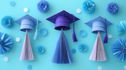 Three graduation caps with tassels and paper rosettes on a light blue background