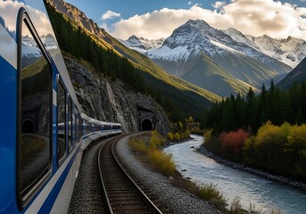 Fototapeta premium Scenic train journey through majestic mountains in autumn landscape