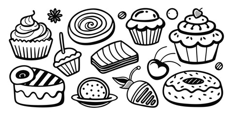 Hand drawn baking essentials collection featuring cupcakes donuts and cakes delicious treats
