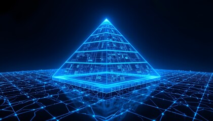 Futuristic glowing blue pyramid on a grid, representing technology, data, and artificial intelligence