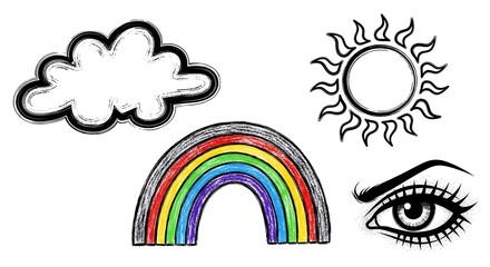 Whimsical sky elements in playful hand-drawn design composition