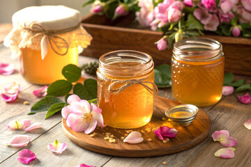 Golden honey in jars with warm light and floral decorative arrangement