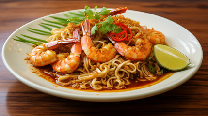Plat asiatique avec des nouilles saut&eacute;es et des crevettes roses avec des feuilles de salade et de la sauce soja piment&eacute;e. Nourriture, traditionnel, d&eacute;licieux. Cuisine asiatique.
