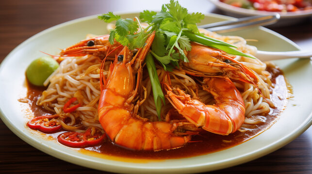 Plat asiatique avec des nouilles saut&eacute;es et des crevettes roses avec des feuilles de salade et de la sauce soja piment&eacute;e. Nourriture, traditionnel, d&eacute;licieux. Cuisine asiatique.