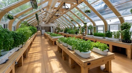 Rows of lush green plants growing in a modern hydroponic greenhouse with natural light