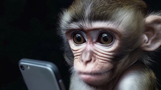 Adorable baby monkey appears to be fully engrossed and focused while holding a smartphone and gazing at the screen with a cute expression