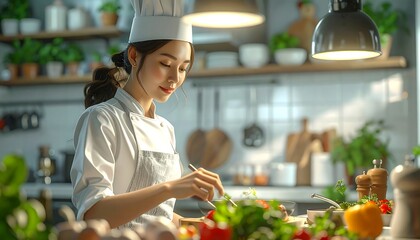 A modern kitchen with a chef preparing a gourmet dish, fresh ingredients on the counter