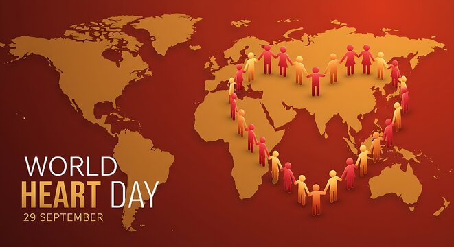 World heart day concept with people holding hands in heart shape over world map background - Powered by Adobe