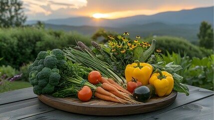 A wooden platter holding fresh broccoli carrots peppers tomatoes and herbs with a scenic sunset landscape background