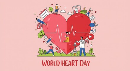World heart day illustration with doctor, patient, and heart symbol, promoting cardiovascular health awareness