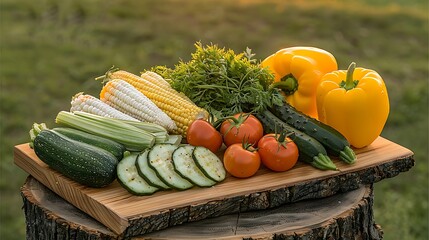 Fresh garden vegetables including corn zucchini tomatoes bell peppers and cucumbers arranged on a wooden board