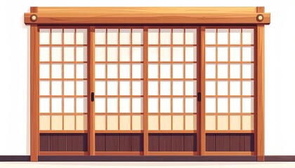 Three-panel sliding shoji-style door with wooden frame, gridded translucent panels, and dark brown base