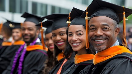 Diverse graduates in academic regalia smiling wearing caps and gowns with orange stoles