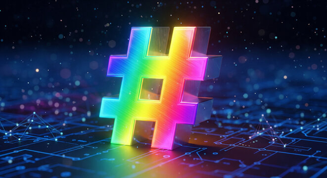 Digital Hashtag Icon: A vibrant rainbow-colored hashtag symbol glows against a backdrop of digital circuitry, symbolizing connectivity and trending topics.