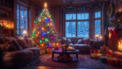 Christmas living room with decorated tree and gifts