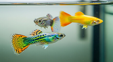 Aquatic Jewels: Three vibrant guppy fish gracefully navigate their aquatic realm, displaying intricate patterns and dazzling hues against a subtle backdrop.